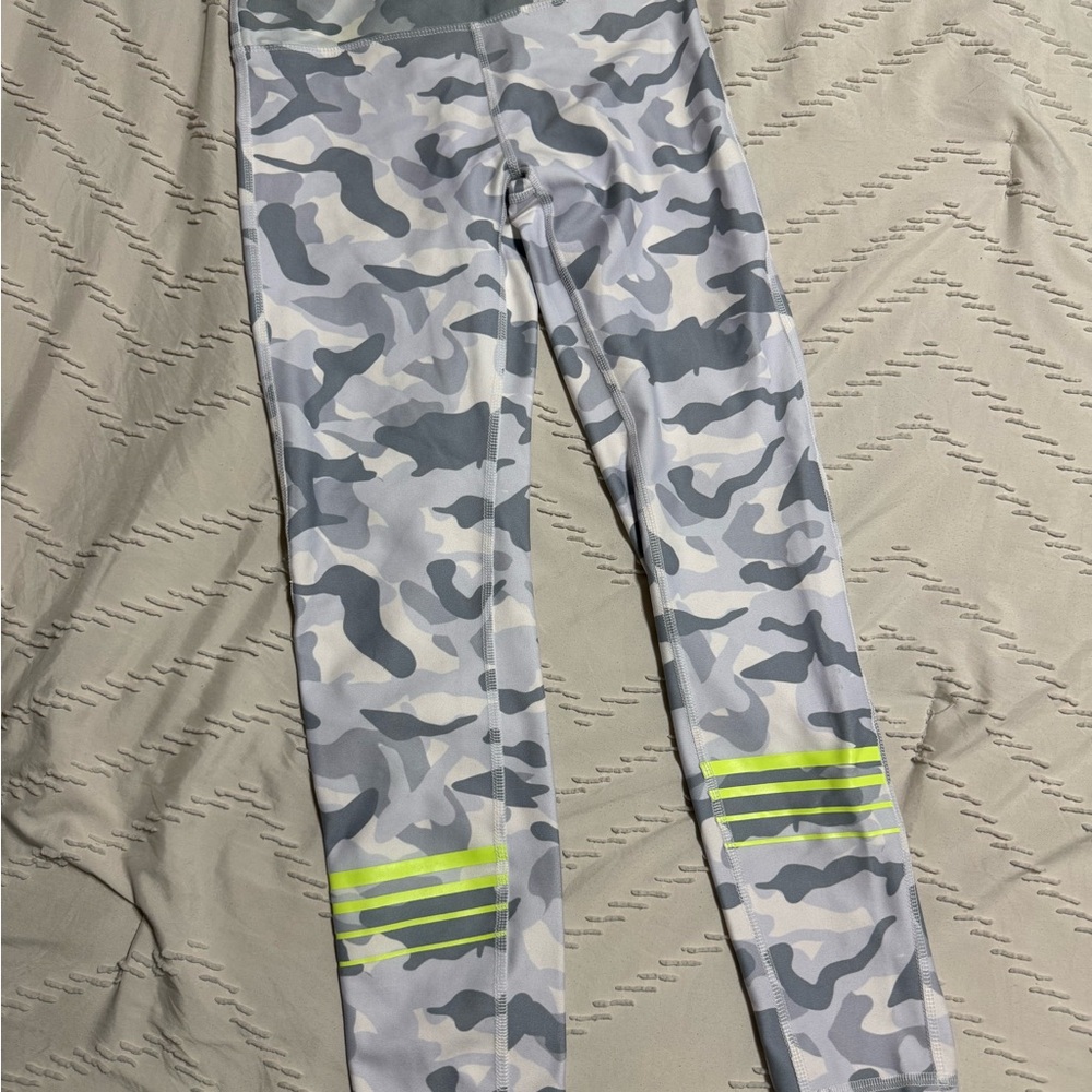 Ellie Gray Camo Leggings with Neon Yellow Accent Stripes